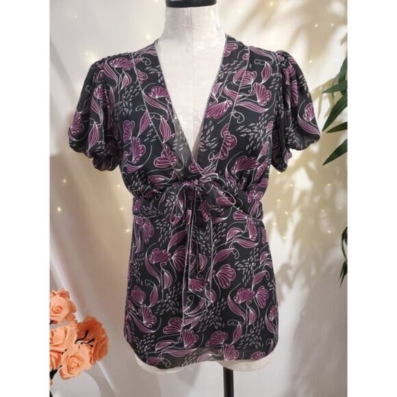 Vtg 90s Y2K NWT Max Studio Sheer Floral Babydoll Tie Top Size L Whimsigoth Fairy - Picture 1 of 11